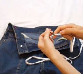 how to make jeans tighter without a belt diy shoelace hack, Inserting the shoe lace into a bobby pin