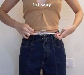 how to make jeans tighter without a belt diy shoelace hack, Tucking the shoelace in to hide it