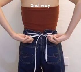 how to make jeans tighter without a belt diy shoelace hack, Tying the ends in a bow