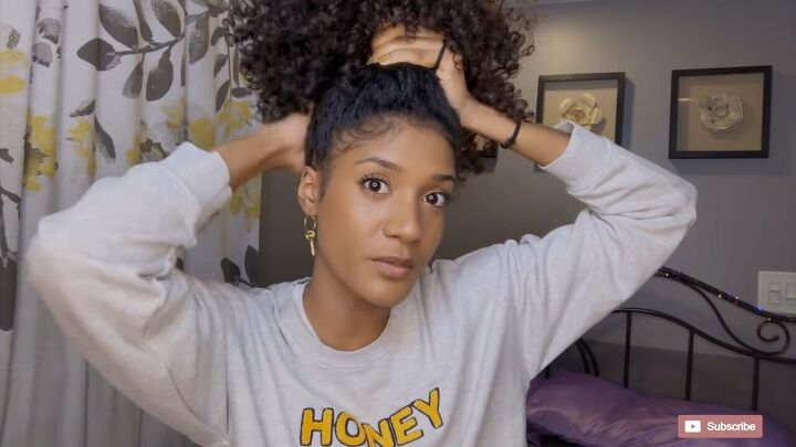 super quick curly hair night routine how to protect curls at night, Tying hair into a high puff