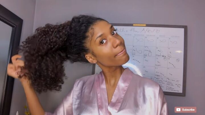 super quick curly hair night routine how to protect curls at night, Taking hair out of the high puff and wrap