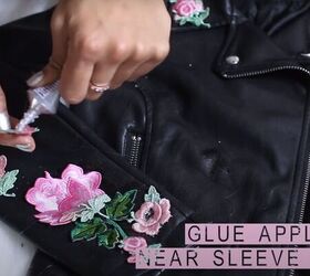 how to make a cute diy floral moto jacket using appliques, Gluing the appliques to the jacket