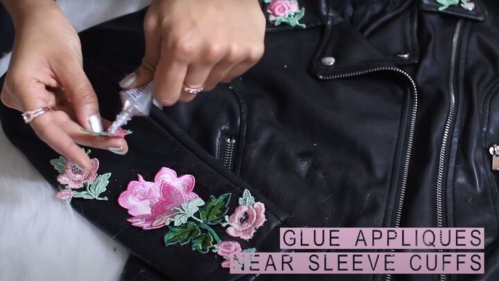 how to make a cute diy floral moto jacket using appliques, Gluing the appliques to the jacket