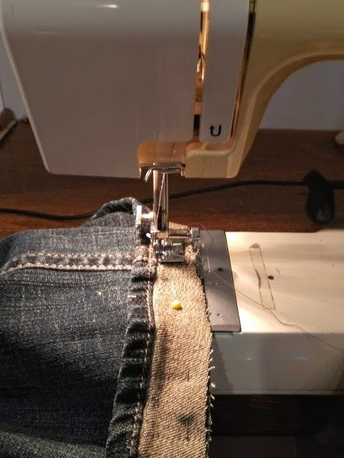 sewing euro hem on jeans elise s sewing studio, Use your zipper foot and get as close to that hem as you can