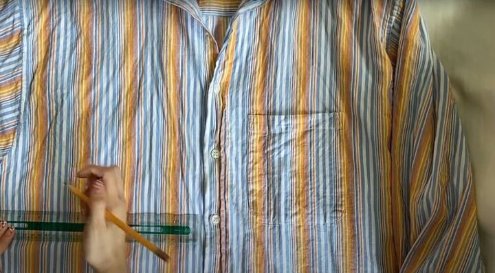 diy button up shirt refashion turn a shirt into a cute ruffle top, Making the ruffle top pattern