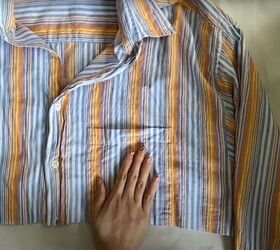 diy button up shirt refashion turn a shirt into a cute ruffle top, Removing the shirt pocket