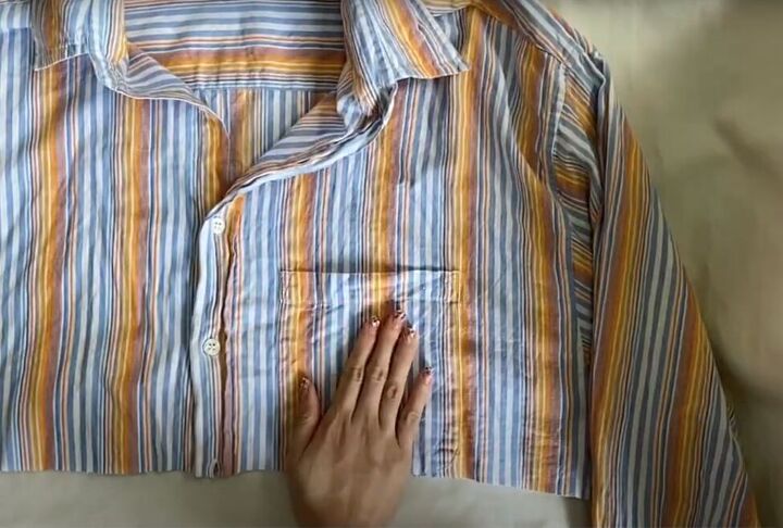 diy button up shirt refashion turn a shirt into a cute ruffle top, Removing the shirt pocket