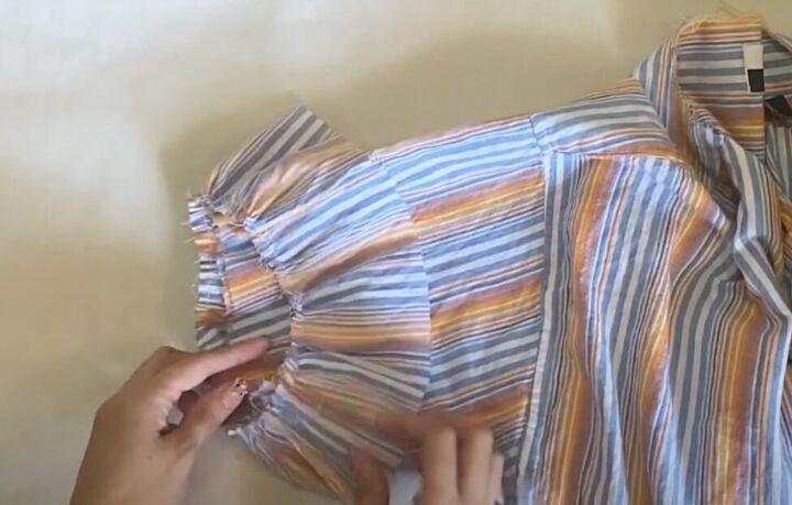 diy button up shirt refashion turn a shirt into a cute ruffle top, Attaching the ruffles to the sleeves
