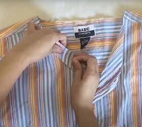 diy button up shirt refashion turn a shirt into a cute ruffle top, Sewing the neckline binding