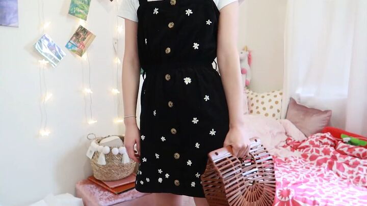 upstyling a plain black dress with adorable embroidered daisies, DIY dress with embroidered daisies