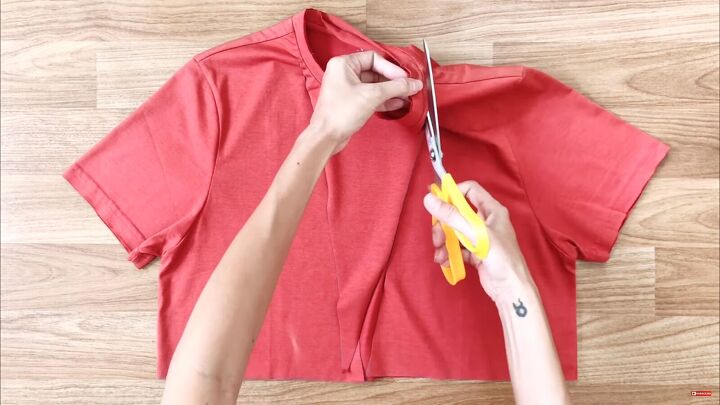 how to make a gorgeous diy wrap dress out of 2 t shirts, Cutting the neckline