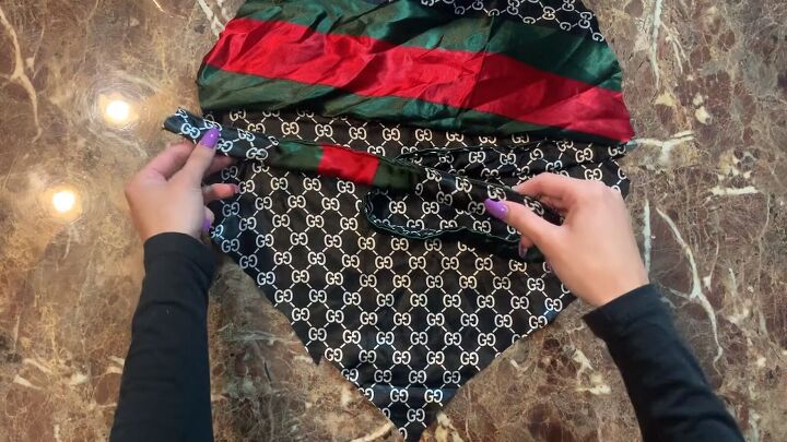 how to make a diy backless silk top out of a gucci inspired scarf, Sandwiching the straps