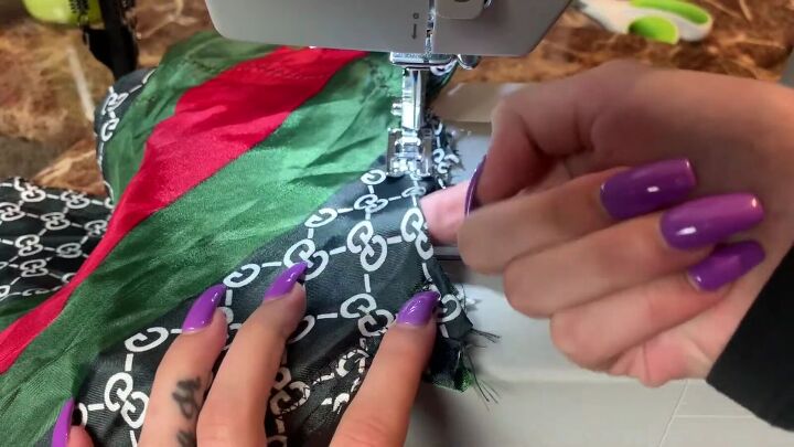 how to make a diy backless silk top out of a gucci inspired scarf, Leaving a gap to turn the top right sides out