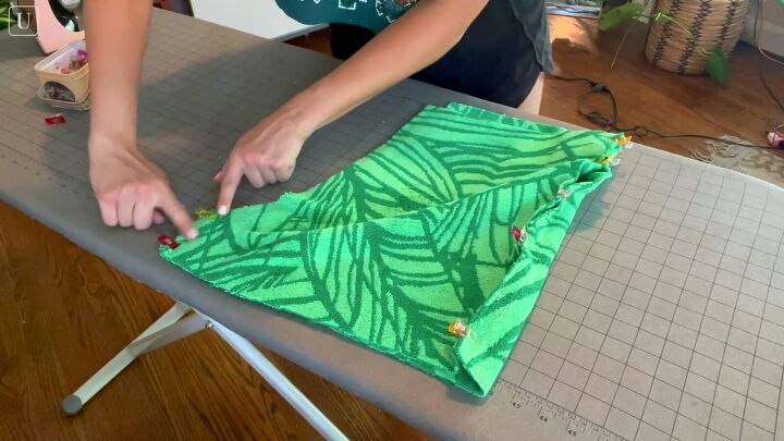 how to sew shorts a matching a tote using an old beach towel, Clipping the front and back sides together