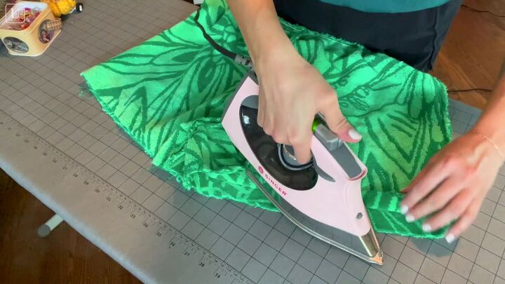 how to sew shorts a matching a tote using an old beach towel, Hemming the bottom of the shorts
