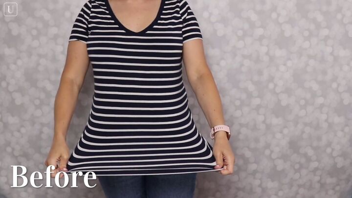 4 quick easy super cute t shirt upcycle ideas for summer, Striped t shirt before the DIY