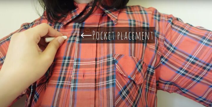 how to upcycle a men s shirt into a feminine top, Marking the new pocket placements