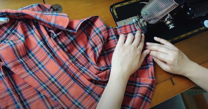 how to upcycle a men s shirt into a feminine top, Hemming the shirt