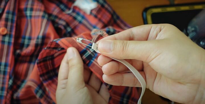 how to upcycle a men s shirt into a feminine top, Inserting elastic into the sleeves