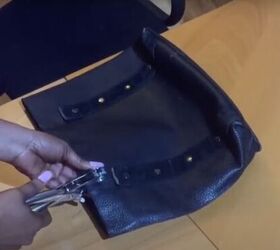 how to upcycle an old tote bag into a cute diy backpack, Using a leather punch to make the holes