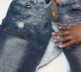 how to quickly turn your old distressed jeans into a stylish skirt, Gluing both sides of seams together