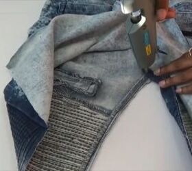 how to quickly turn your old distressed jeans into a stylish skirt, Adding more glue to edges that aren t attached to each other