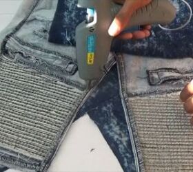 how to quickly turn your old distressed jeans into a stylish skirt, Gluing on cut pieces of jeans over open spaces