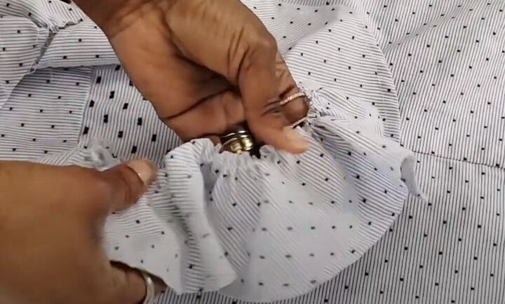 how to turn a men s shirt into a cute top in a few simple steps, Gathering the ruffle