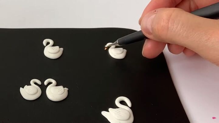 how to make polymer clay earrings inspired by swan lake, Placing the pieces with a dotting tool