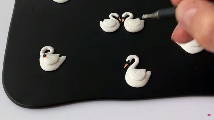 how to make polymer clay earrings inspired by swan lake, Placing the eyes
