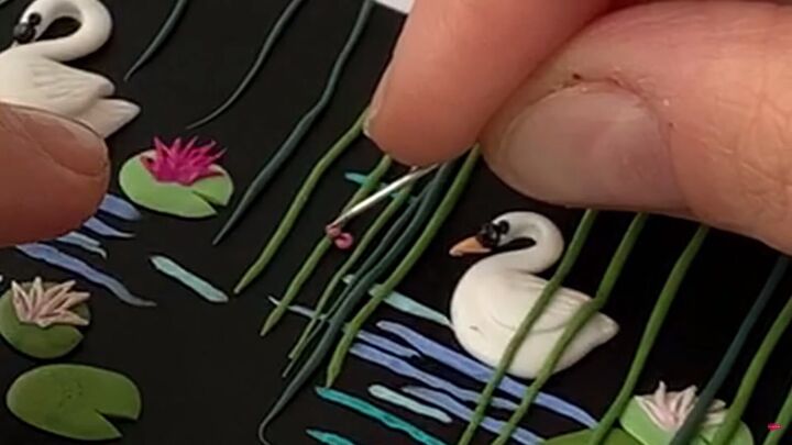how to make polymer clay earrings inspired by swan lake, Placing flowers on the hanging lianas