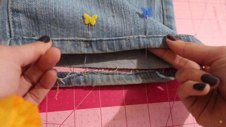 how to hem flared jeans keep the original hem, Re pinning the hem