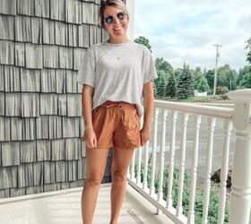 a linen blend striped tee styled with shorts