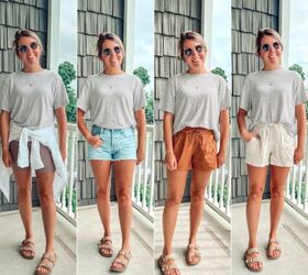 a linen blend striped tee styled with shorts
