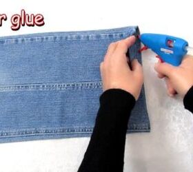 how to make a purse out of jeans you can wear 3 ways, Gluing the sides together with a hot glue gun