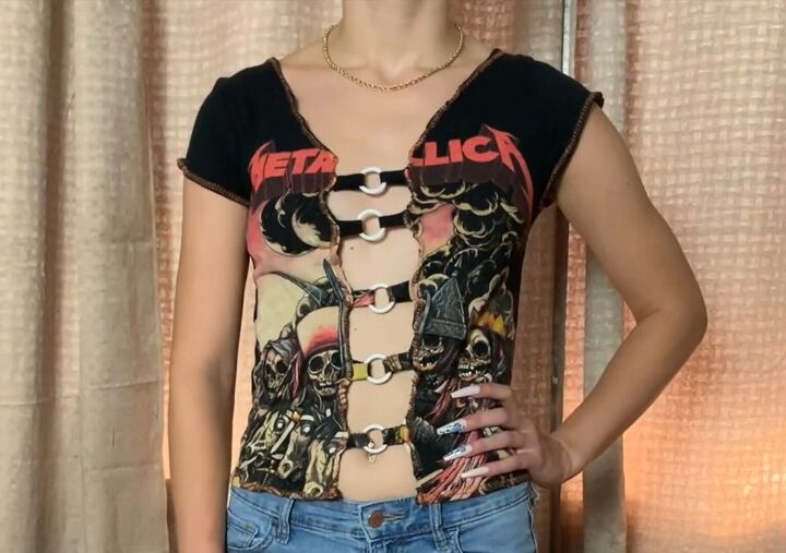 how to make a diy o ring crop top out of a band t shirt, DIY O ring crop top