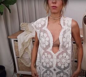how you can make a sexy lace diy tablecloth dress, Pinning the dress while wearing it