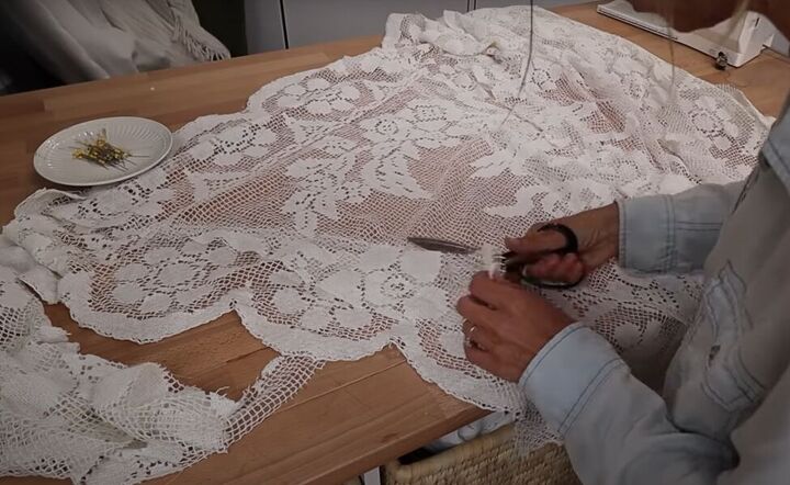 how you can make a sexy lace diy tablecloth dress, Trimming the excess fabric