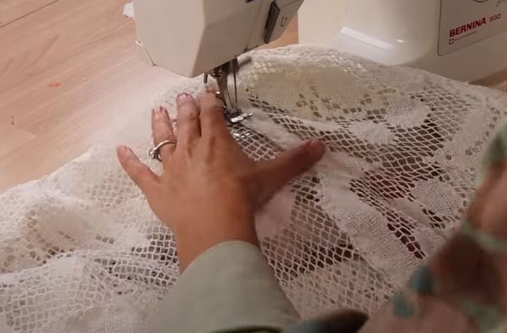 how you can make a sexy lace diy tablecloth dress, Going over the hand stitching