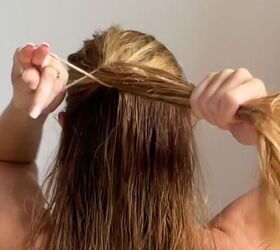 4 cute hairstyles with wet hair that are quick easy to do, Tying hair into a half ponytail