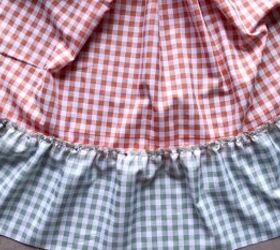 how to make a cute diy patchwork dress out of gingham scraps, Pinning the ruffle to the side piece