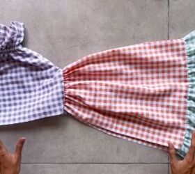 how to make a cute diy patchwork dress out of gingham scraps, One side of the DIY patchwork dress