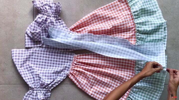 how to make a cute diy patchwork dress out of gingham scraps, Attaching the center piece