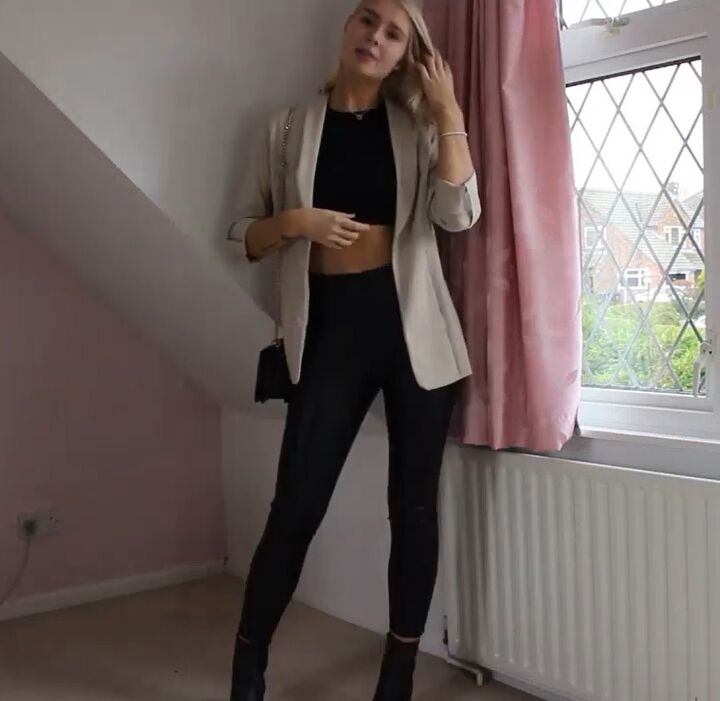 4 ways to wear wet look leggings from casual to dressy, Wet look leggings with a blazer