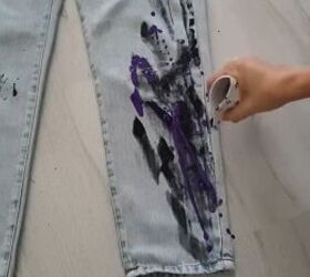 5 quick and easy steps to unique paint splatter jeans, Squeezing the top of the cup and pouring paint on the jeans