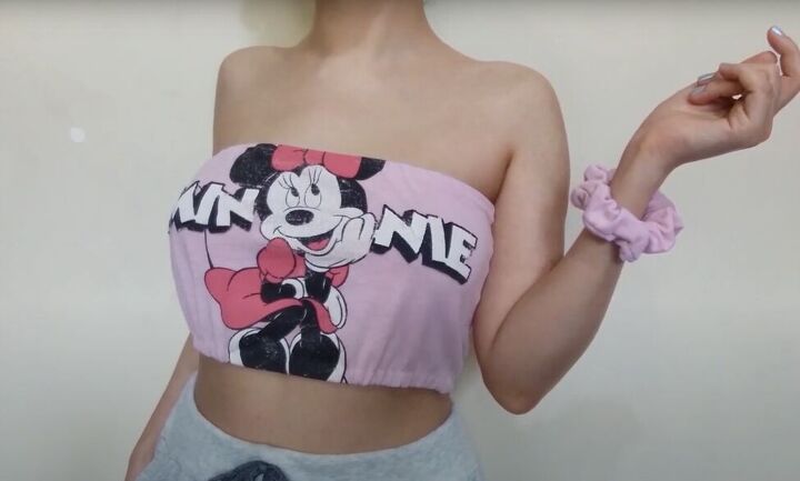 how to easily turn t shirts shirts into trendy tops, DIY tube top and matching scrunchie