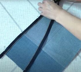 how to make a cute diy denim clutch bag out of an old jean dress, Adding a zipper to the bag