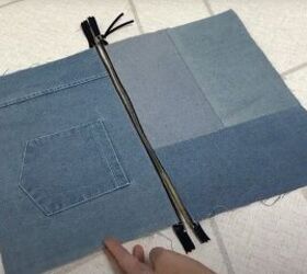 how to make a cute diy denim clutch bag out of an old jean dress, Making a bag out of an old jean dress