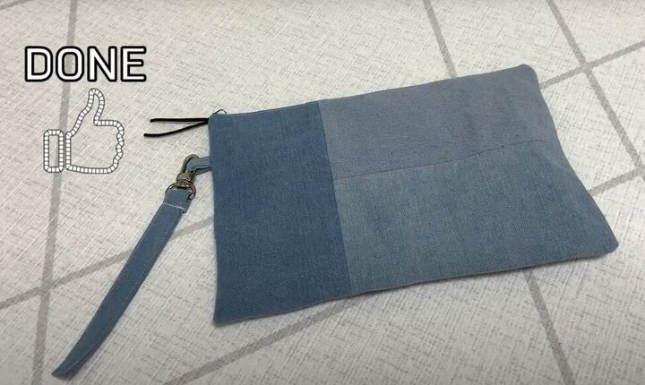 how to make a cute diy denim clutch bag out of an old jean dress, DIY denim clutch bag with a buckle strap