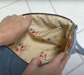 how to make a cute diy denim clutch bag out of an old jean dress, Inside the DIY denim clutch bag